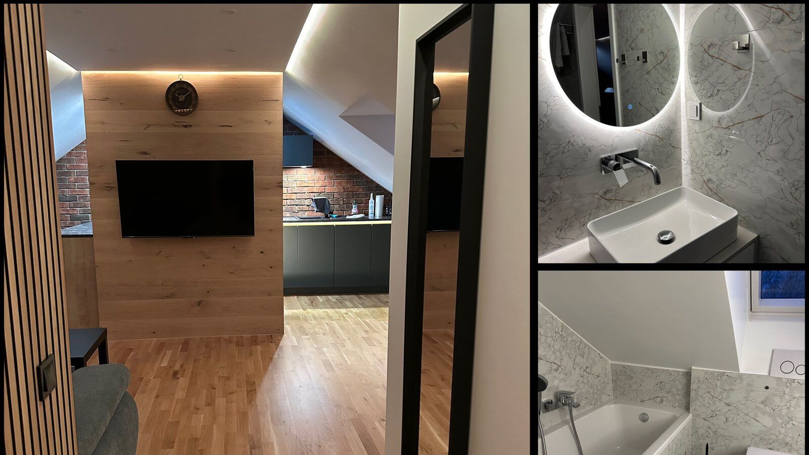 Collage mit Wohn-, Küchen- und Badbereichen der Ferienwohnung JP Home